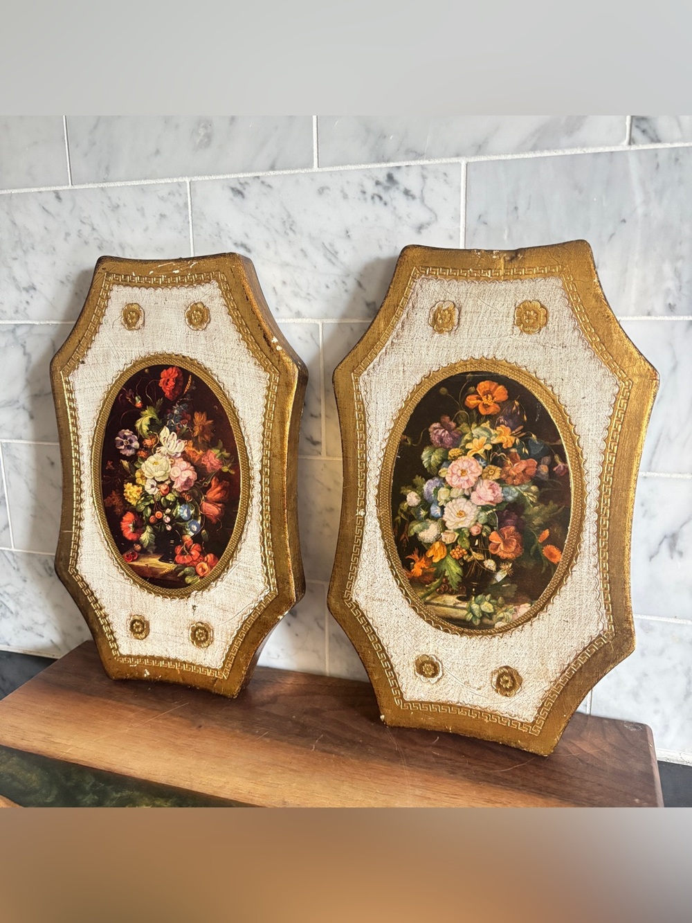 Vintage Pair of Italian Florentine Wooden Wall Plaques with Floral Prints